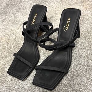 Aldo Black Strappy Square-Toe Block Heel Sandals